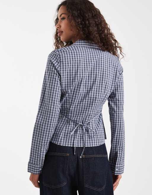 Hollister – Y2K – Langärmliges, tailliertes Hemd in Blau mit Vichy-Karos, 3 von 4