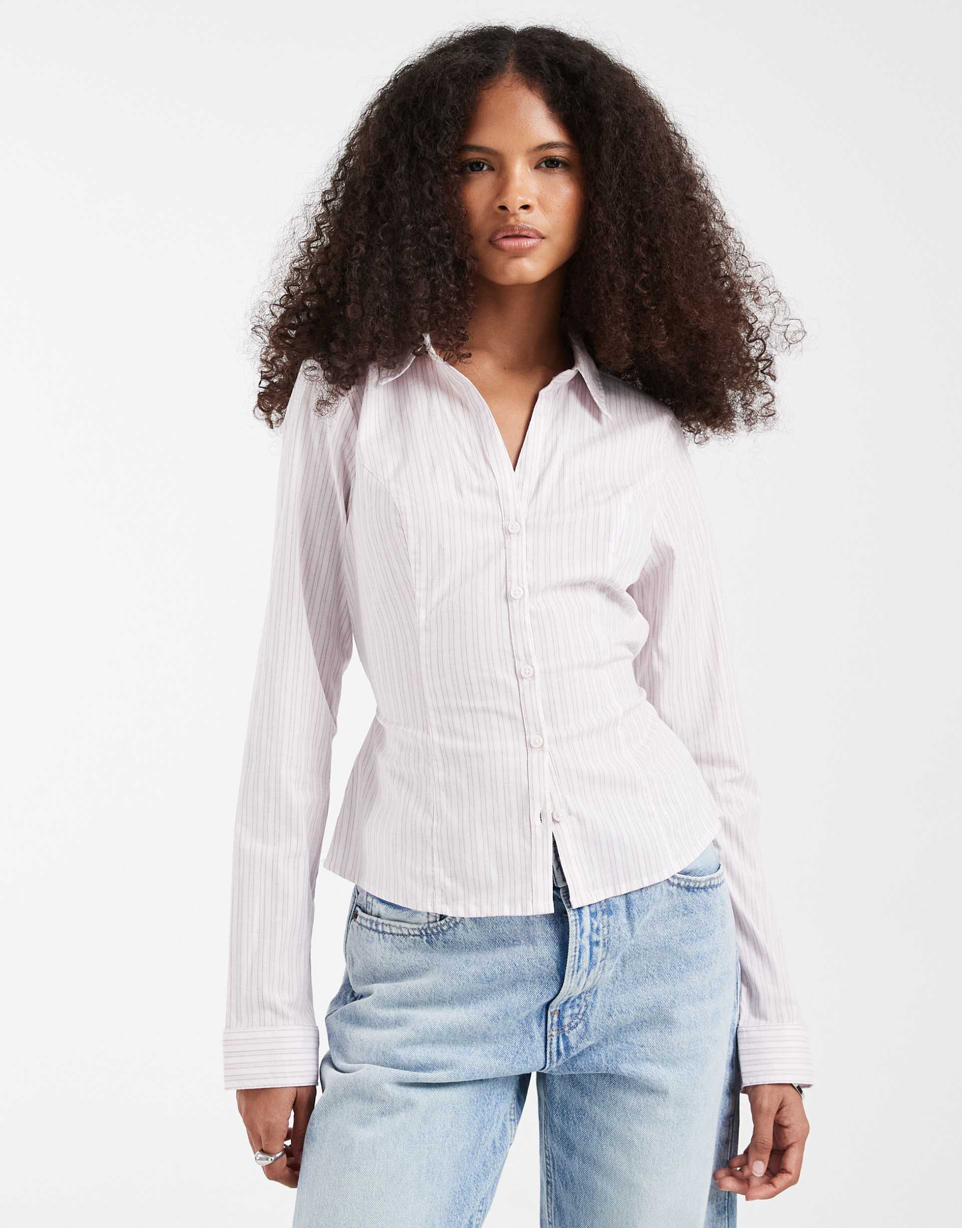hollister y2k long sleeve shirt with cinched waist in pink pinstripes