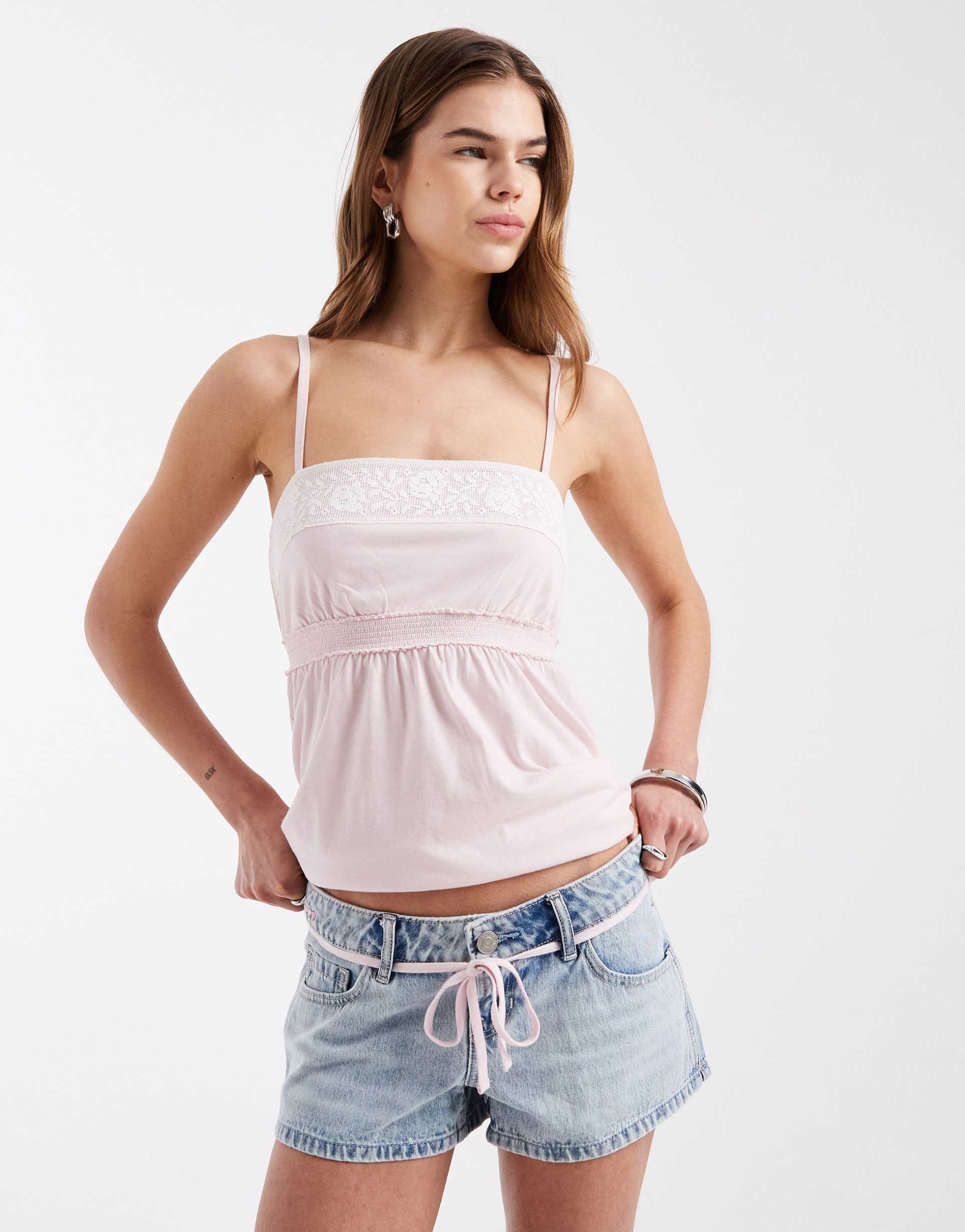 hollister y2k low rise denim shorts with adjustable tie in light blue wash