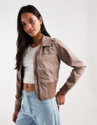 Hollister Y2k Mock Neck Fitted Twill Jacket In Brown