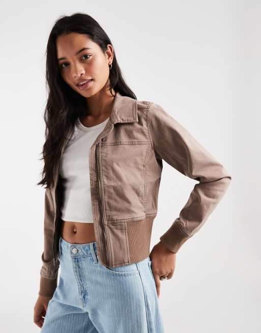 Hollister y2k mock neck twill fitted jacket in brown, 1 of 4