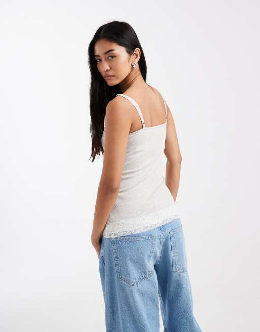Hollister – Y2K – Schmal geschnittenes Camisole in Grau mit Spitzenbesatz, 3 von 4