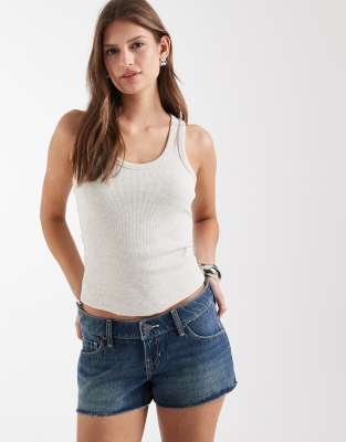 Y2K - Short en jean taille basse avec ceinture à pois - Bleu délavé 2