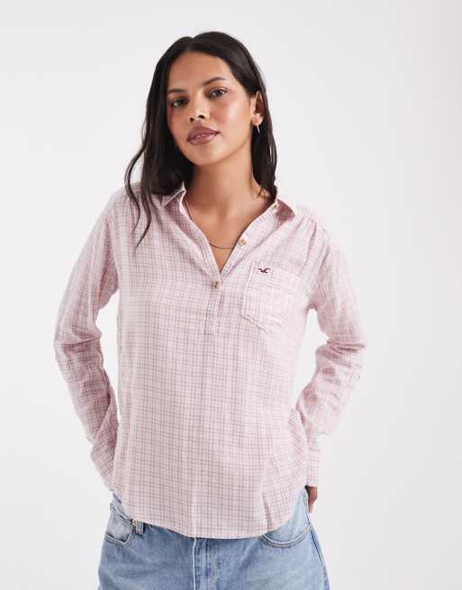 Hollister Y2K slim fit skjorte med v-hals i rosa tern, 1 af 4