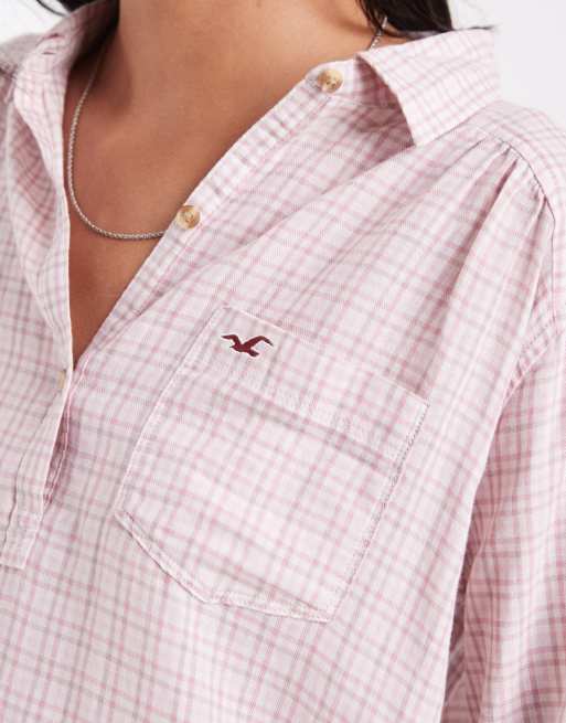 Hollister Y2K slim fit skjorte med v-hals i rosa tern, 3 af 4