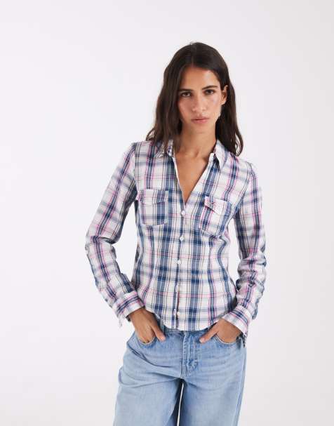 Hollister y2k slim fit v neck flannel shirt in pink and blue plaid - view 1
