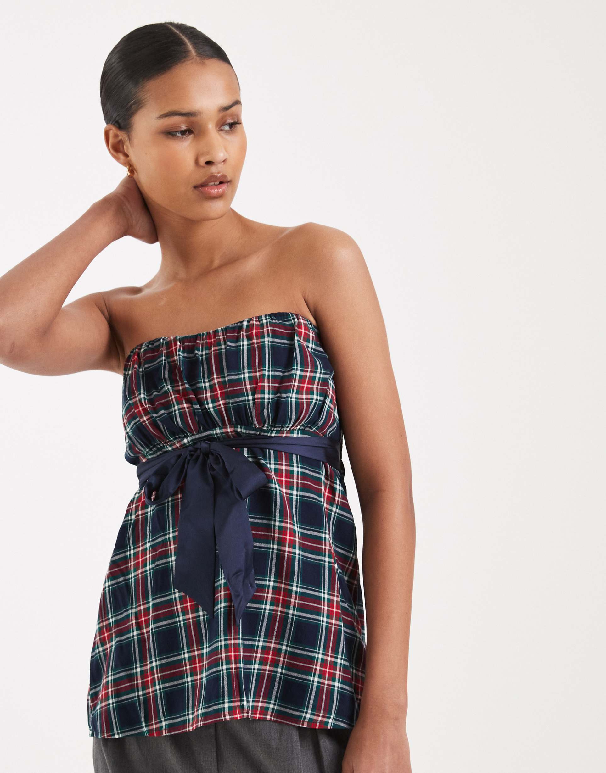 hollister y2k strapless babydoll top in navy tartan