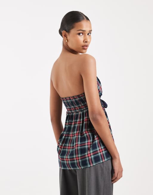 Hollister y2k strapless babydoll top in navy tartan, 3 of 4