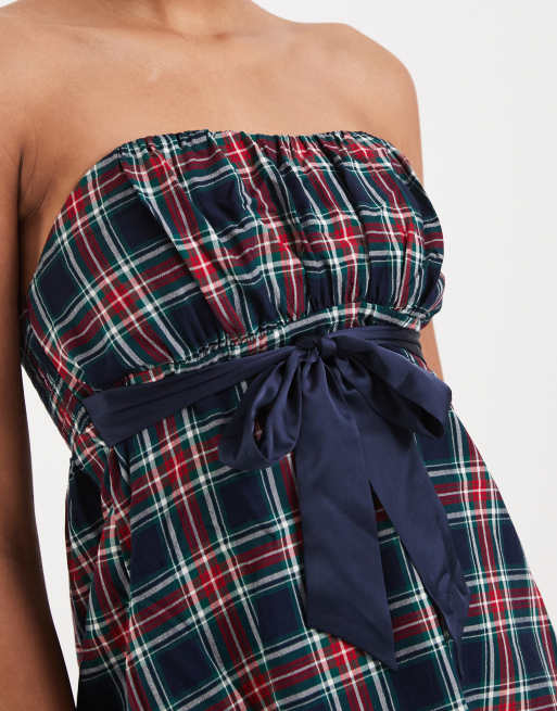 Hollister y2k strapless babydoll top in navy tartan, 4 of 4