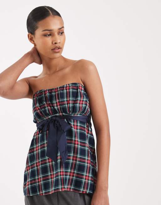 Hollister – Y2K – Trägerloses Babydoll-Oberteil in Marineblau mit Schottenkaros