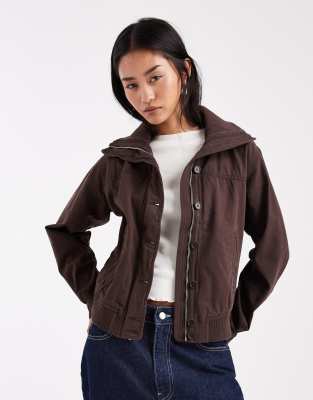 Hollister - Y2K - Vintage-Bomberjacke in Dunkelbraun-Brown