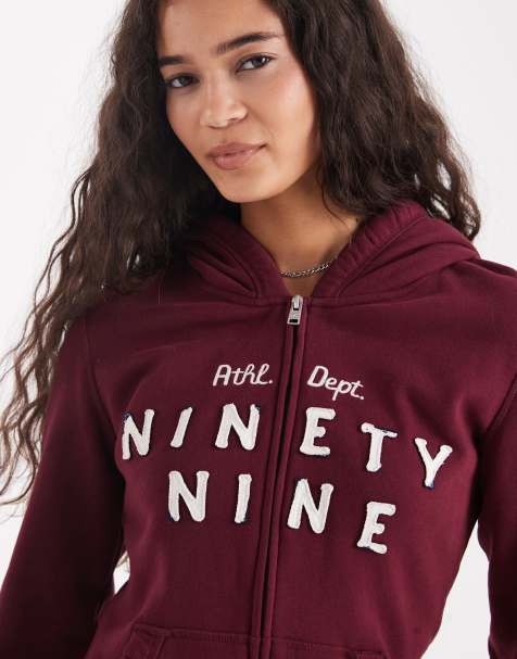 Hollister double zip graphic hooded jumper in burgundy