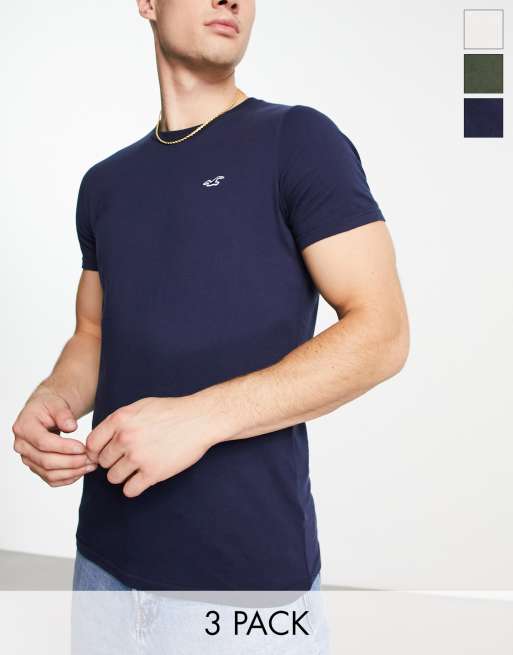 Hollister – Zestaw 3 T-shirtów o kroju podkreślającym sylwetkę z logo w kolorach jasnoszarym, zielonym i granatowym