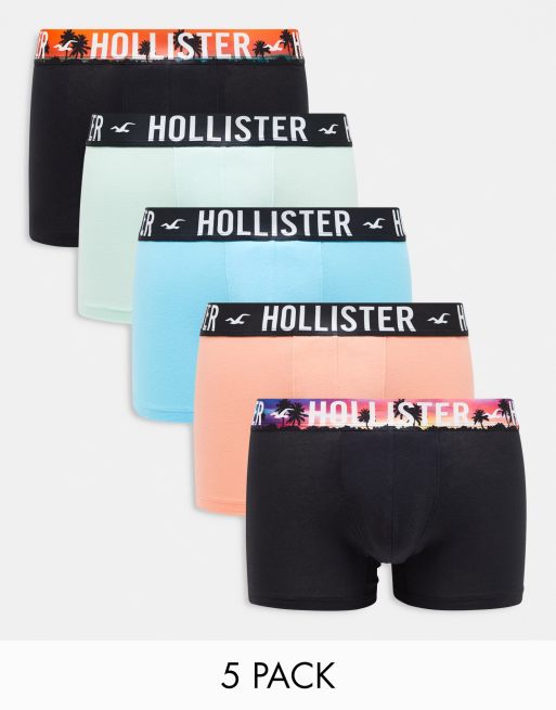 Hollister – Zestaw 5 par bokserek w kolorach czarnym/ niebieskim/ różowym z logo i motywem krajobrazu w talii