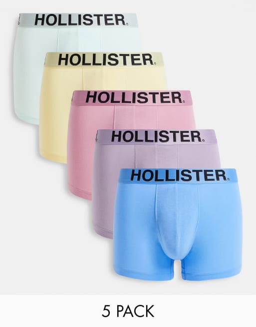 Hollister – Zestaw 5 par sportowych bokserek z taśmą w pasie w dopasowanym odcieniu w kolorach różowym, żółtym, odcieniach błękitu i fioletowym