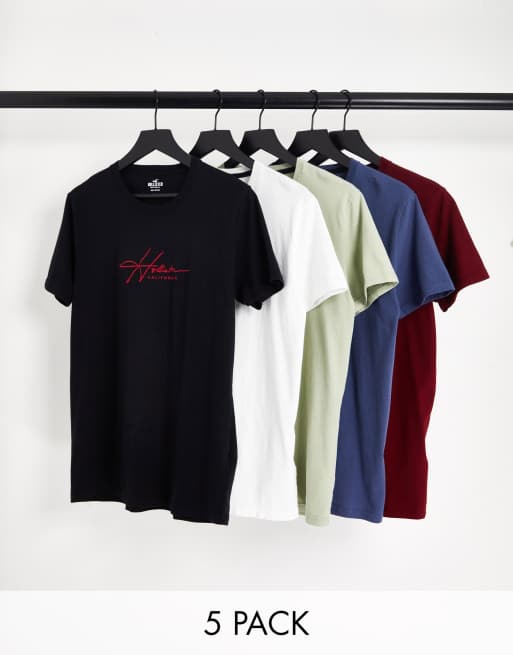 Hollister – Zestaw 5 T-shirtów z sygnowanym logo na środku w kolorze białym, czerwonym, czarnym, niebieskim i zielonym