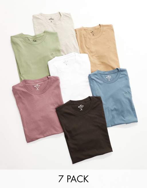 Hollister – Zestaw 7 T-shirtów z logo w kolorach białym, czarnym, szarym, zielonym, fioletowym i jasnobrązowym