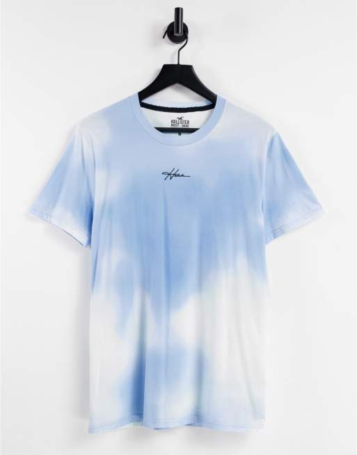 Hollister – Zielono-niebieski T-shirt z logo z napisem na środku i efektem sprania