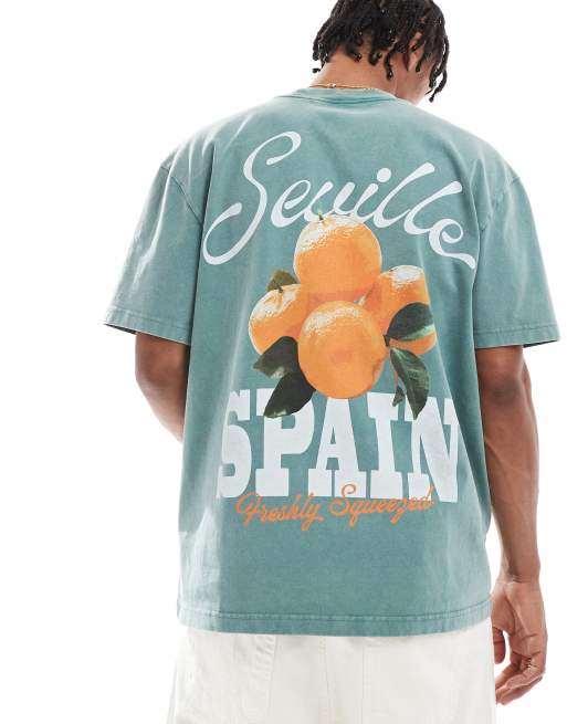 Hollister – Zielony T-shirt o pudełkowym kroju z motywem owoców