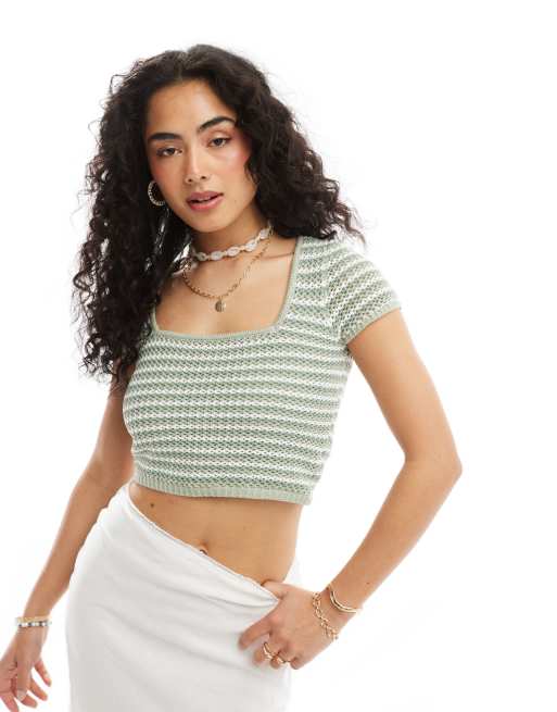 Hollister – Zielony top szydełkowany w paski z krótkimi rękawami