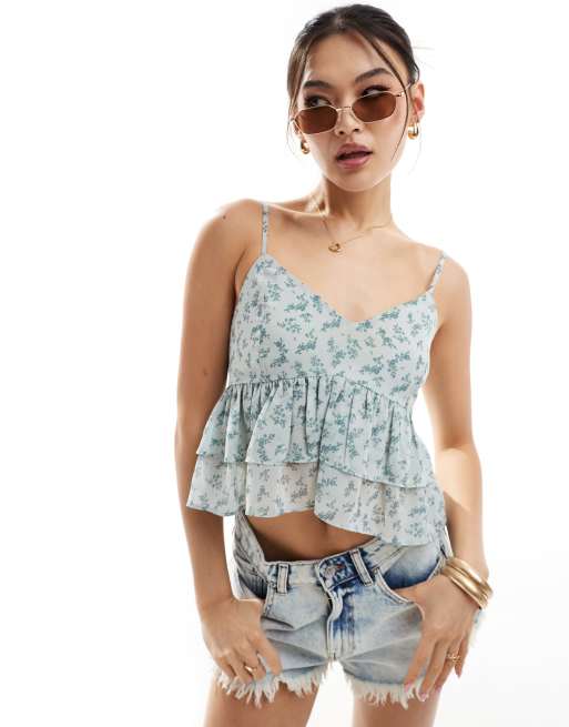 Hollister – Zielony top w stylu babydoll z kwiatowym wzorem
