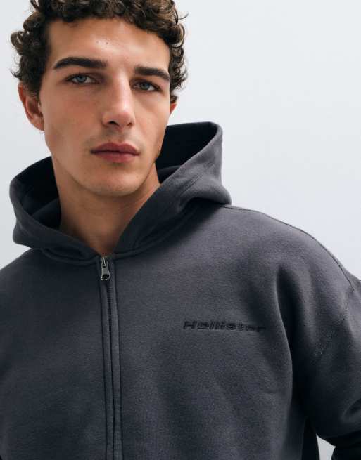 Hollister zip up back graphic logo hoodie in washed black, 4 of 5