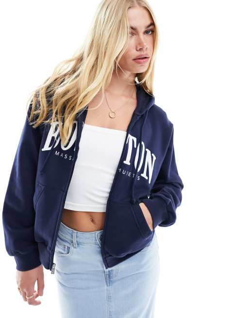 Hollister zip up Boston print hoodie in blue