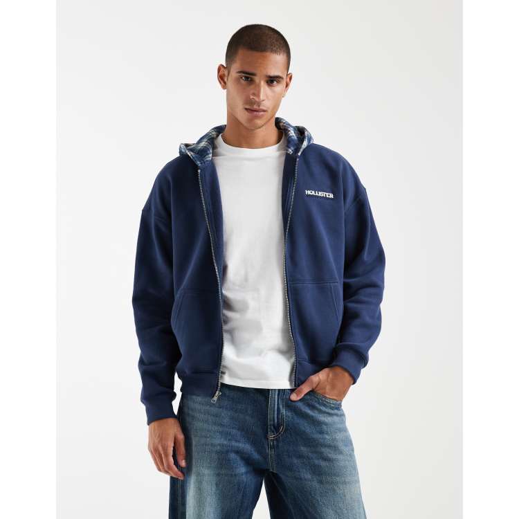 Hollister zip-up hoodie with contrast hood in navy | ASOS