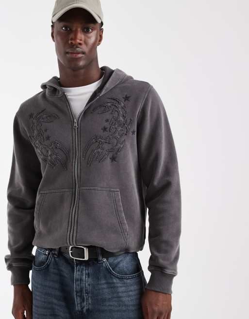 Hollister zip up hoodie with y2k patch detail in washed black | ASOS