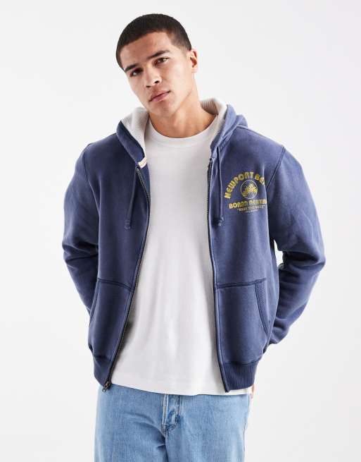 Hollister zip up varsity motif detail boxy hoodie in navy