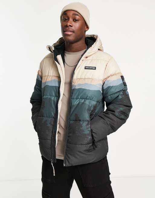 Hollister - Zwaargewicht gewatteerd jack met capuchon en landschapsprint in multi