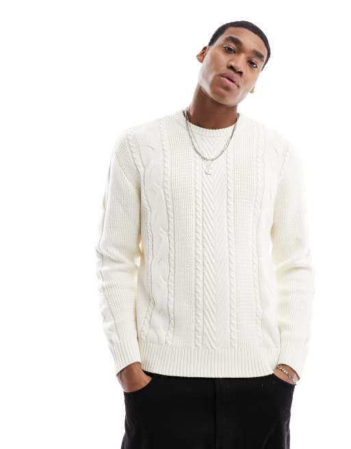 Hollister Zware kabelgebreide trui met ronde hals en ruimvallende pasvorm in wit ASOS
