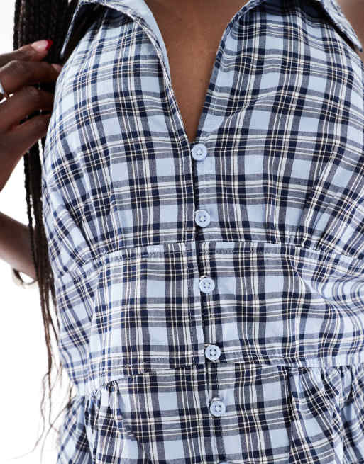 Hollisterl halterneck top co-ord in blue check print, 2 of 4