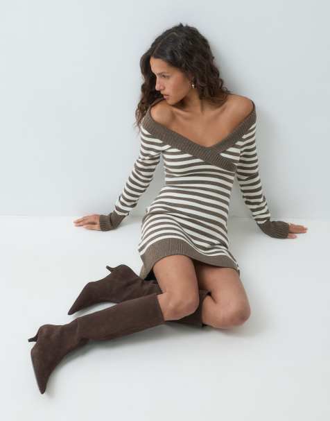 Holllister knitted long sleeve off shoulder mini dress in brown and white stripe - view 1