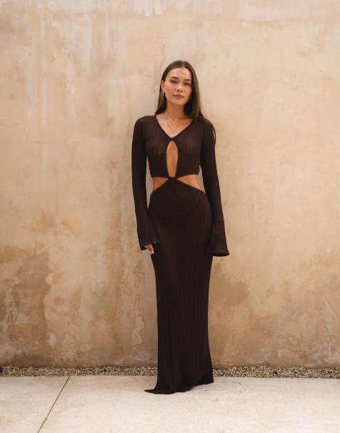 Honest the Label Amira knitted maxi dress in dark brown - view 1