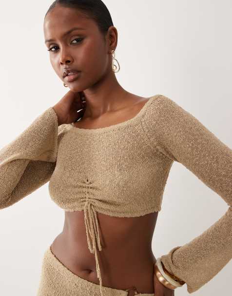 Honest the Label Aura knitted bandeau top in sand - view 1
