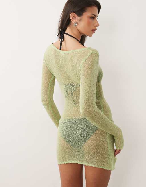 Honest the Label Manis sheer knit mini dress in green, 4 of 5