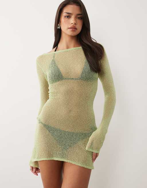 Honest the Label Manis sheer knit mini dress in green, 5 of 5