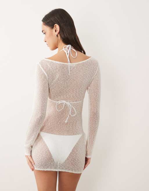 Honest the Label Manis sheer knit mini dress in pearl, 4 of 5