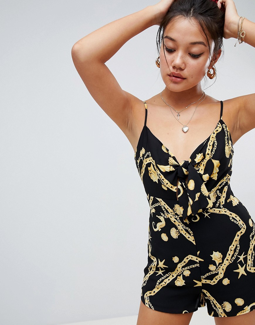 Honey Punch tie front playsuit in gold chain print-Black