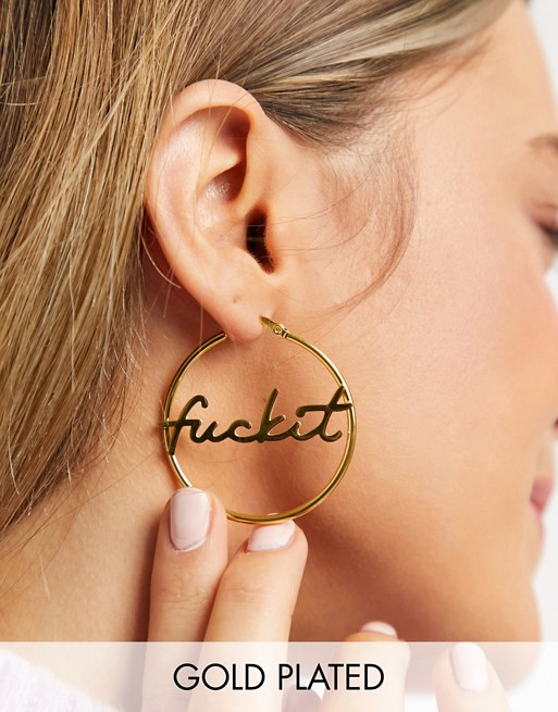 Hoops + Chains LDN hoop earrings in 18k gold waterproof plating with 'fuckit' slogan