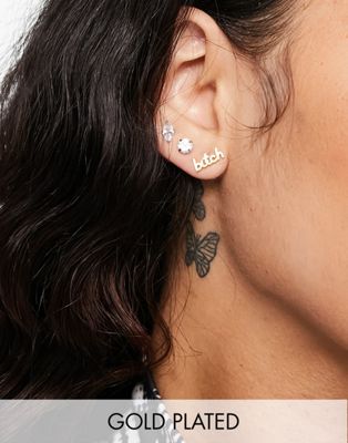 Hoops + Chains LDN crawler stud earrings with 'bitch please' slogan in 18kt waterproof gold plate