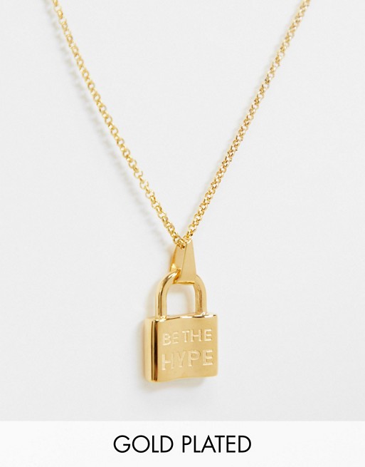 Hoops + Chains LDN twisted rope necklace in 18k gold waterproof plating with 'be the hype' padlock pendant