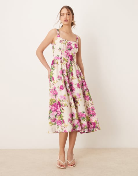 Hope & Ivy a-line strappy corset midi dress in pink print - view 1