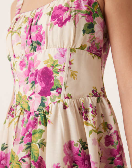 Hope & Ivy a-line strappy corset midi dress in pink print