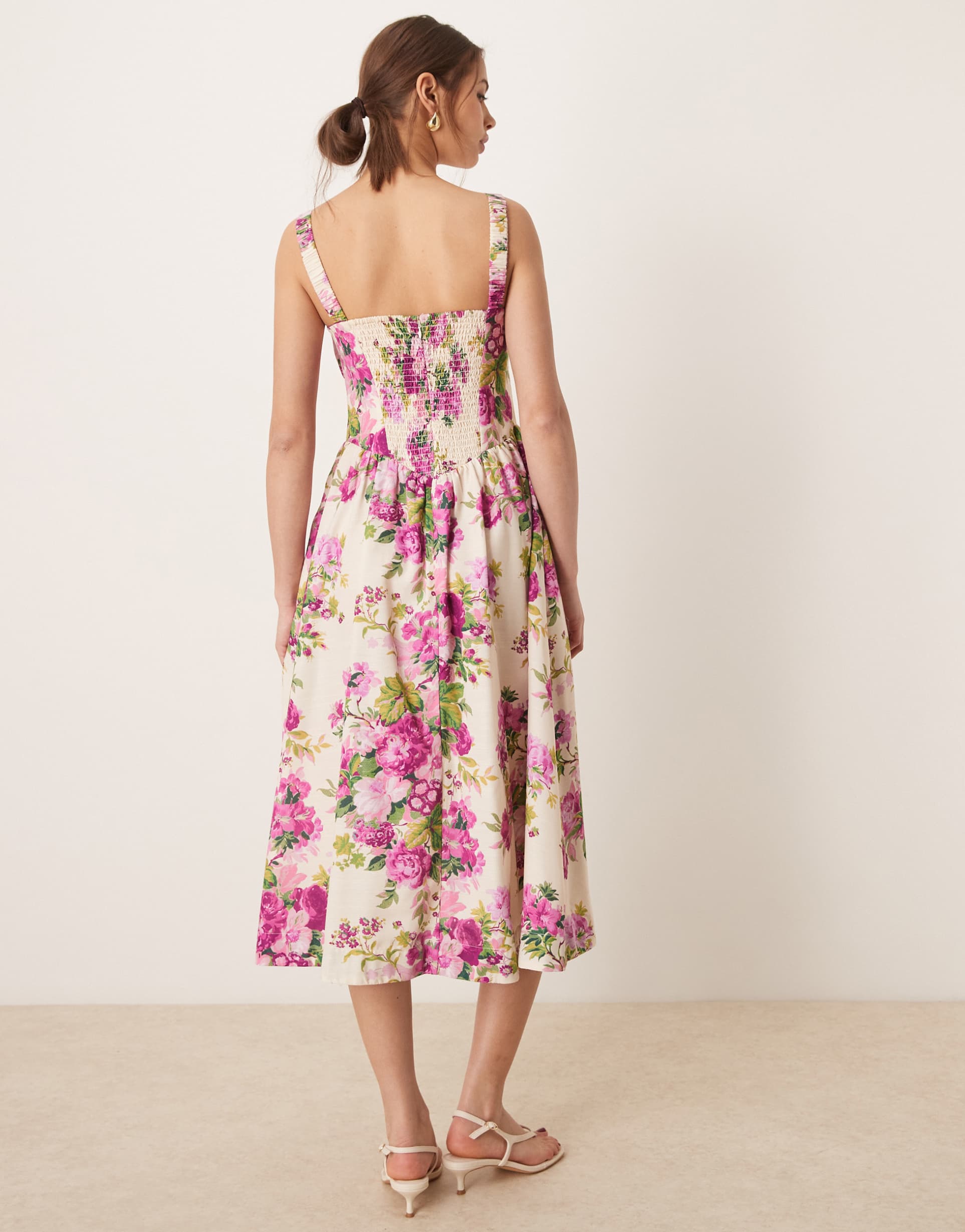 hope & ivy a-line strappy corset midi dress in pink print