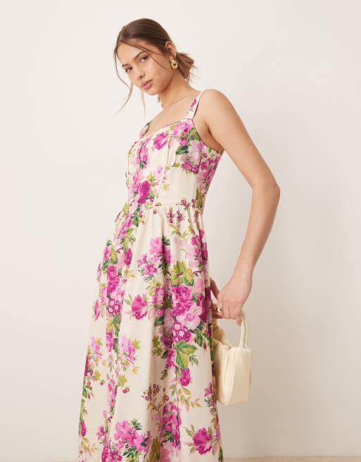 Hope & Ivy a-line strappy corset midi dress in pink print