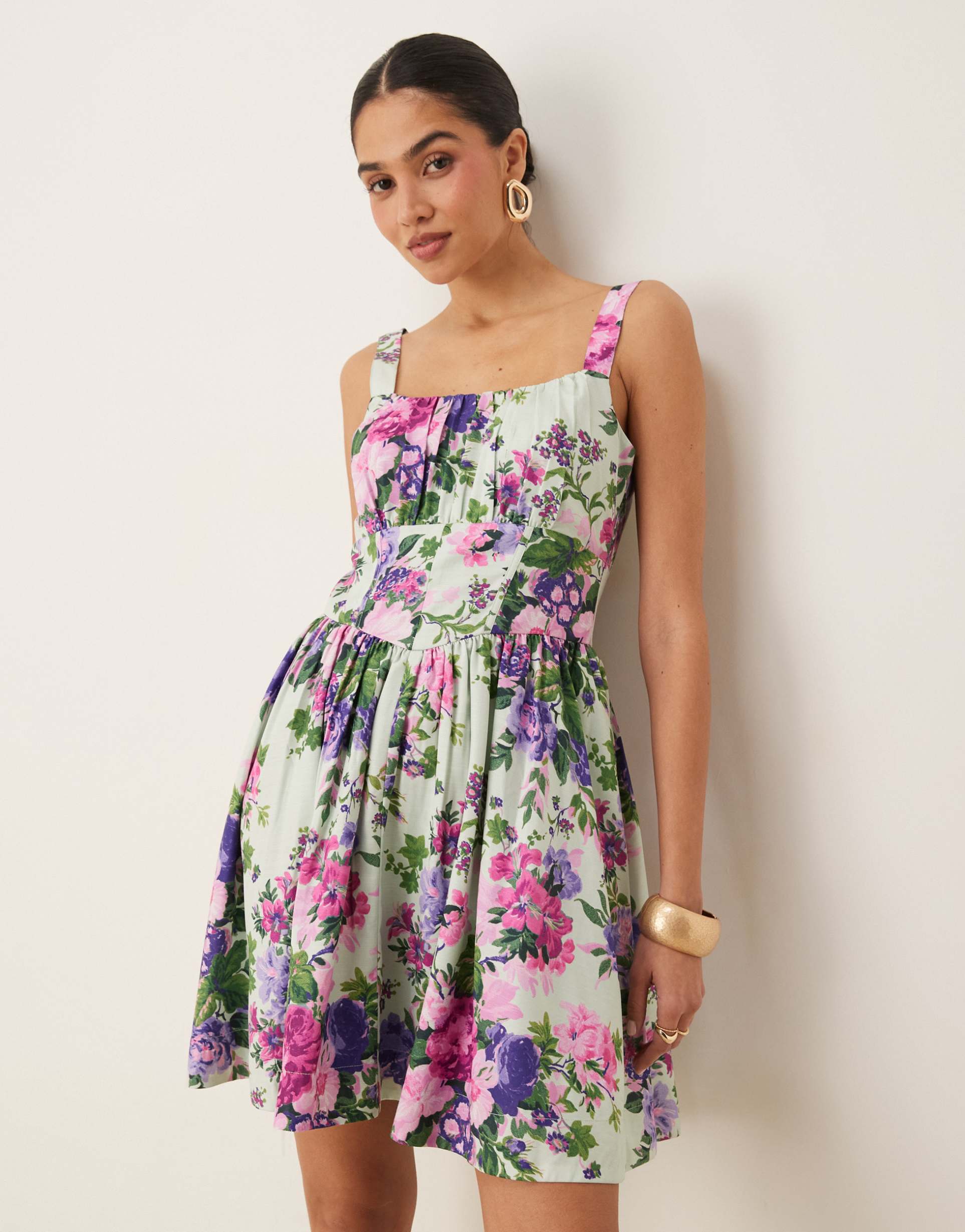 hope & ivy a-line strappy corset mini dress in multi floral