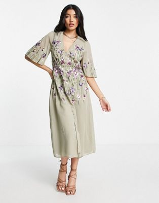 Hope & Ivy Adelaide embroidered midi dress in sage green