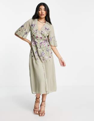 Hope & Ivy Adelaide Embroidered Midi Dress In Sage Green | ModeSens